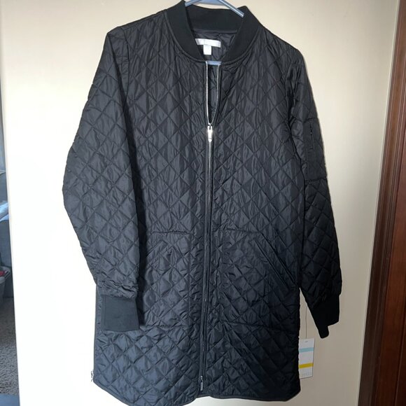 Zella Quilted Longline Black Jacket Coat Side zippers, arm pocket, NWT XS, NICE! - Picture 2 of 10